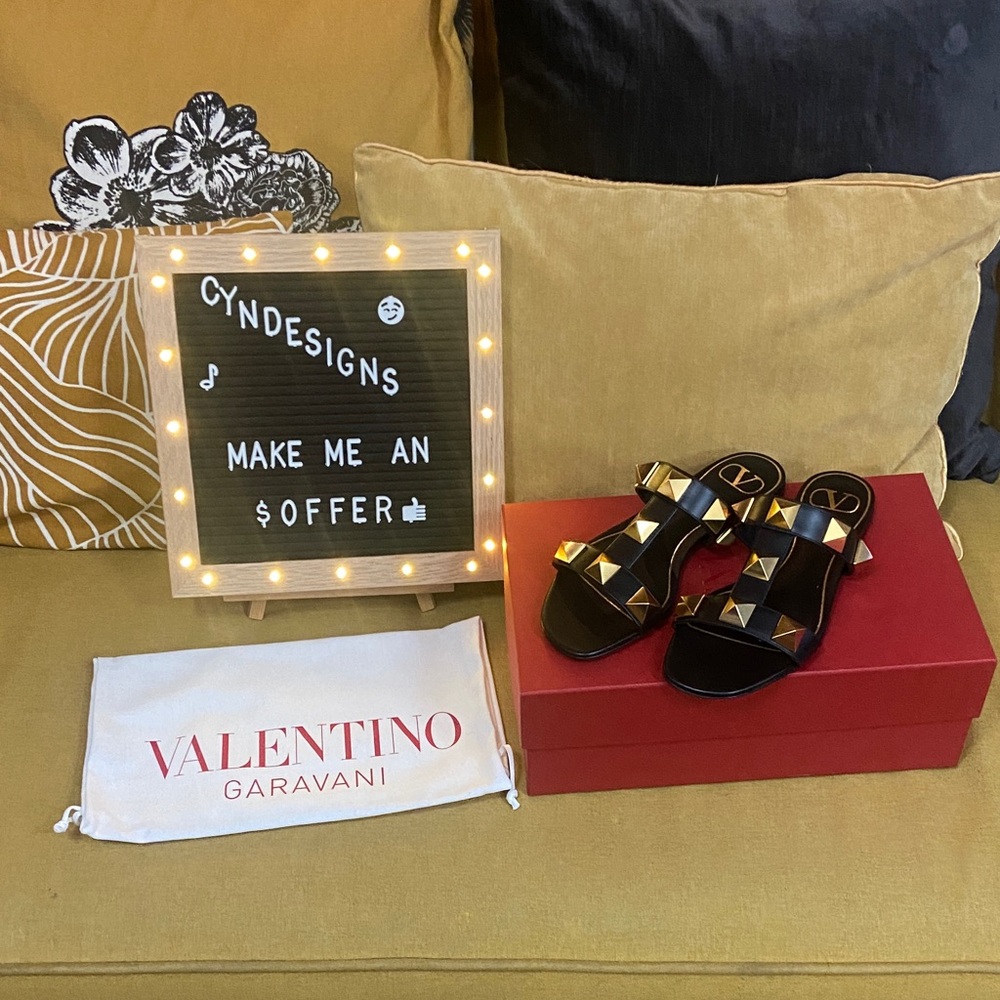 Great gift! NWT Valentino Garavani Black Sandals w/ Gold Studs; box and dust bag